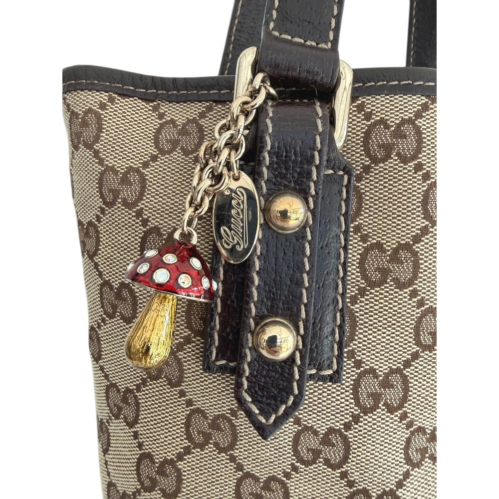 Gucci GG Canvas Mushroom Embroidered Small Tote Brown Leather Italy - Picture 3 of 14